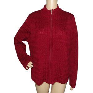 Karen Scott Cardigan Sweater Womens Large Cable Knit dark red mock neck acrylic